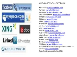 ESEMPI DI SOCIAL NETWORK:
facebook: www.facebook.com
Twitter: www.twitter.com
myspace: www.myspace.com
asmallworld.net: www.asmallworld.net
linkedin: www.linkedin.com
hi5.com: www.hi5.com
orkut: www.orkut.com
friendster: www.friendster.com
viadeo: www.viadeo.com
xing: www.xing.com
lastfm: www.lastfm.com
livejournal: www.livejournal.com
skyrock.com: www.skyrock.com
bebo.com: www.bebo.com
Badoo.com: badoo.com
Netlog: www.netlog.com
Shidonni: www.shidonni.com
social network dedicato agli utenti under 12
Anobii: www.anobii.com
Social network dedicato ai libri
 