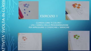 ESERCIZIO 1
GUARDA COME TI COLORO !
- USA I SIMBOLI DELLA PROGRAMMAZIONE
PER RIPRODURRE E CODIFICARE L’IMMAGINE
-
TTIVITA’SVOLTAINCLASS
 