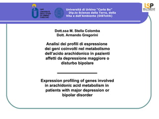 Università di Urbino “Carlo Bo”
               Dip.to Scienze della Terra, della
             Vita e dell’Ambiente (DiSTeVA)




       Dott.ssa M. Stella Colomba
        Dott. Armando Gregorini

   Analisi dei profili di espressione
  dei geni coinvolti nel metabolismo
  dell’acido arachidonico in pazienti
  affetti da depressione maggiore o
            disturbo bipolare



Expression profiling of genes involved
  in arachidonic acid metabolism in
   patients with major depression or
            bipolar disorder
 