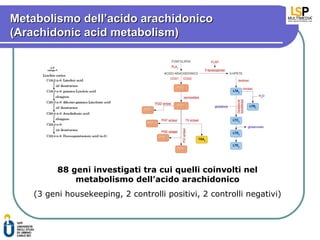 Metabolismo dell’acido arachidonico
(Arachidonic acid metabolism)




          88 geni investigati tra cui quelli coinvolti nel
              metabolismo dell’acido arachidonico
    (3 geni housekeeping, 2 controlli positivi, 2 controlli negativi)
 