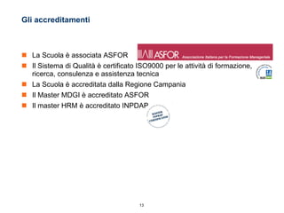 Gli accreditamenti La Scuola è associata ASFOR Il Sistema di Qualità è certificato ISO9000 per le attività di formazione, ricerca, consulenza e assistenza tecnica La Scuola è accreditata dalla Regione Campania Il Master MDGI è accreditato ASFOR Il master HRM è accreditato INPDAP 