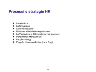 Processi e strategie HR La selezione La formazione La comunicazione Relazioni Industriali e negoziazione La Valutazione e il Competence management Performance Management People strategy  Progetto di campo elective (circa 5 gg) 