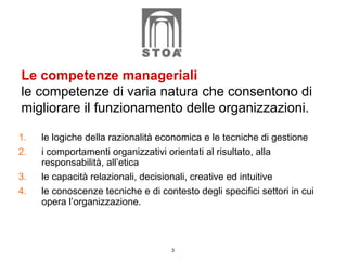 le logiche della razionalità economica e le tecniche di gestione i comportamenti organizzativi orientati al risultato, alla responsabilità, all’etica le capacità relazionali, decisionali, creative ed intuitive le conoscenze tecniche e di contesto degli specifici settori in cui opera l’organizzazione. Le competenze manageriali le competenze di varia natura che consentono di migliorare il funzionamento delle organizzazioni. 