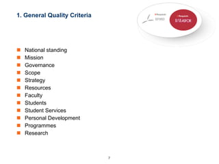 1. General Quality Criteria National standing Mission Governance Scope Strategy Resources Faculty Students Student Services Personal Development Programmes Research 