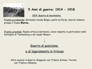 5 Anni di guerra: 1914 - 1918
                          1914: Guerra di movimento
Fronte occidentale: Germania invade Belgio, punta su Parigi, marcia tedesca
presso il fiume Marna.


Fronte orientale: Russia attacca Germania, viene respinta in particolare nelle
battaglie di Tonnenberg e dei luoghi Masuri.



                        Guerra di posizione
                    e di logoramento in trincea

      Altre nazioni in Guerra: Giappone con Triplice Intesa, Turchia
         con Triplice Alleanza.
 