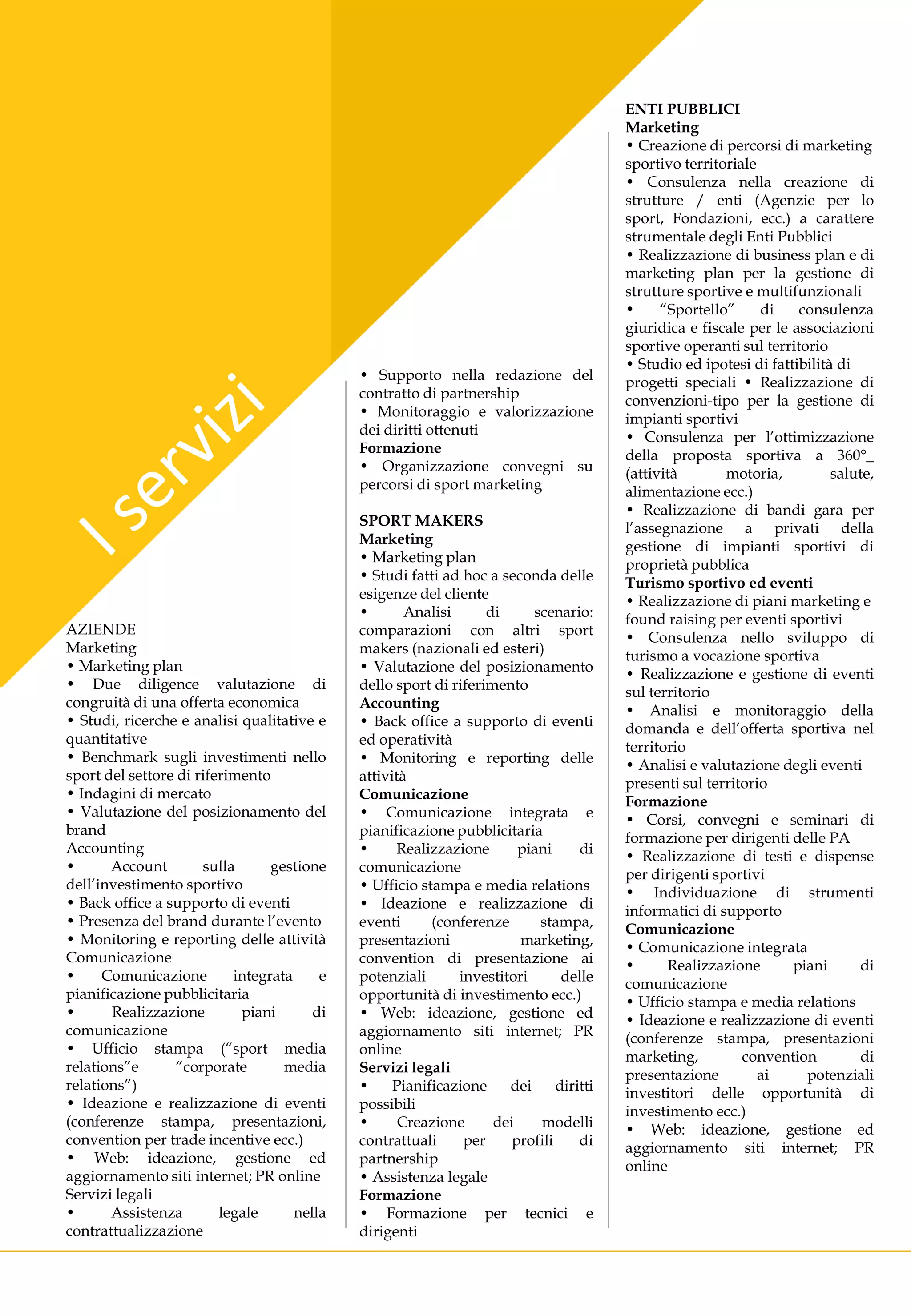 ENTI PUBBLICI
                                                                                        Marketing
                                                                                        • Creazione di percorsi di marketing
                                                                                        sportivo territoriale
                                                                                        • Consulenza nella creazione di
                                                                                        strutture / enti (Agenzie per lo
                                                                                        sport, Fondazioni, ecc.) a carattere
                                                                                        strumentale degli Enti Pubblici
                                                                                        • Realizzazione di business plan e di
                                                                                        marketing plan per la gestione di
                                                                                        strutture sportive e multifunzionali
                                                                                        •     “Sportello”     di    consulenza
                                                                                        giuridica e fiscale per le associazioni
                                                                                        sportive operanti sul territorio
                                                                                        • Studio ed ipotesi di fattibilità di
                                             • Supporto nella redazione del             progetti speciali • Realizzazione di
                                             contratto di partnership                   convenzioni-tipo per la gestione di
                                             • Monitoraggio e valorizzazione            impianti sportivi
                                             dei diritti ottenuti                       • Consulenza per l’ottimizzazione
                                             Formazione                                 della proposta sportiva a 360°_
                                             • Organizzazione convegni su               (attività       motoria,          salute,
                                             percorsi di sport marketing                alimentazione ecc.)
                                                                                        • Realizzazione di bandi gara per
                                             SPORT MAKERS                               l’assegnazione a privati della
                                             Marketing                                  gestione di impianti sportivi di
                                             • Marketing plan                           proprietà pubblica
                                             • Studi fatti ad hoc a seconda delle       Turismo sportivo ed eventi
                                             esigenze del cliente                       • Realizzazione di piani marketing e
                                             •       Analisi      di     scenario:      found raising per eventi sportivi
AZIENDE                                      comparazioni con altri sport               • Consulenza nello sviluppo di
Marketing                                    makers (nazionali ed esteri)               turismo a vocazione sportiva
• Marketing plan                             • Valutazione del posizionamento           • Realizzazione e gestione di eventi
• Due diligence valutazione di               dello sport di riferimento                 sul territorio
congruità di una offerta economica           Accounting                                 • Analisi e monitoraggio della
• Studi, ricerche e analisi qualitative e    • Back office a supporto di eventi         domanda e dell’offerta sportiva nel
quantitative                                 ed operatività                             territorio
• Benchmark sugli investimenti nello         • Monitoring e reporting delle             • Analisi e valutazione degli eventi
sport del settore di riferimento             attività                                   presenti sul territorio
• Indagini di mercato                        Comunicazione                              Formazione
• Valutazione del posizionamento del         • Comunicazione integrata e                • Corsi, convegni e seminari di
brand                                        pianificazione pubblicitaria               formazione per dirigenti delle PA
Accounting                                   •      Realizzazione      piani      di    • Realizzazione di testi e dispense
•      Account        sulla      gestione    comunicazione                              per dirigenti sportivi
dell’investimento sportivo                   • Ufficio stampa e media relations         • Individuazione di strumenti
• Back office a supporto di eventi           • Ideazione e realizzazione di             informatici di supporto
• Presenza del brand durante l’evento        eventi      (conferenze      stampa,       Comunicazione
• Monitoring e reporting delle attività      presentazioni             marketing,       • Comunicazione integrata
Comunicazione                                convention di presentazione ai             •      Realizzazione       piani      di
•     Comunicazione        integrata     e   potenziali      investitori       delle    comunicazione
pianificazione pubblicitaria                 opportunità di investimento ecc.)          • Ufficio stampa e media relations
•      Realizzazione        piani       di   • Web: ideazione, gestione ed              • Ideazione e realizzazione di eventi
comunicazione                                aggiornamento siti internet; PR            (conferenze stampa, presentazioni
• Ufficio stampa (“sport media               online                                     marketing,         convention         di
relations”e       “corporate       media     Servizi legali                             presentazione         ai     potenziali
relations”)                                  •     Pianificazione    dei      diritti   investitori delle opportunità di
• Ideazione e realizzazione di eventi        possibili                                  investimento ecc.)
(conferenze stampa, presentazioni,           •      Creazione      dei    modelli       • Web: ideazione, gestione ed
convention per trade incentive ecc.)         contrattuali     per     profili     di    aggiornamento siti internet; PR
• Web: ideazione, gestione ed                partnership                                online
aggiornamento siti internet; PR online       • Assistenza legale
Servizi legali                               Formazione
•      Assistenza        legale      nella   • Formazione per tecnici e
contrattualizzazione                         dirigenti
 