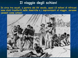 Il viaggio degli schiavi
In circa tre secoli, a partire dal XV secolo, quasi 12 milioni di Africani
sono stati trasferiti nelle Americhe e i sopravvissuti al viaggio, saranno
venduti come schiavi.

 