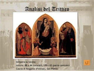 Analisi del Trittico




tempera su tavola;
misure: 88 x 44 (laterali),108 x 65 (parte centrale)
Cascia di Reggello (Firenze), San Pietro
 