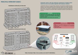 www.eibimproject.com
PRINCIPALI INTERVENTI SISMICI
Modellazione strutturale pre-intervento
Modellazione strutturale post-intervento
VANTAGGI
Abbattimento degli effetti del sisma sia sulle parti
strutturali, sulle parti non strutturali e sugli impianti
Mantenere la funzionalità dell’edificio anche dopo un
terremoto violento
Minore percezione umana delle scocce sismiche
Isolamento sismico alla base attraverso inserimento di isolatori elasto-
merici tra le due nuove platee inghisate alla fondazione esistente
L’isolamento sismico è una tecnologia costruttiva che permette di migliorare le pre-
stazioni di una struttura soggetta a sisma limitando l’energia meccanica trasmessa
dal terreno alla costruzione. L’isolatore in particolare agisce come un filtro applicato
alla struttura, che produce l’allungamento del periodo fondamentale della sovra-
struttura cui consegue una riduzione delle accelerazioni spettrali e quindi delle forze
sismiche.
MANUTENZIONE
La vita utile del singolo isolatore è valutata a circa 60
anni
L’ispezione visiva non è obbligatoria ma consigliabile
ogni 4-5 anni
I costi sono irrisori
Video di esempio: https://www.youtube.com/watch?v=LlkkYjGUkyc
 
