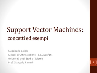 Support Vector Machines:
Ciaparrone Gioele
Metodi di Ottimizzazione - a.a. 2015/16
Università degli Studi di Salerno
Prof. Giancarlo Raiconi 1
concetti ed esempi
 