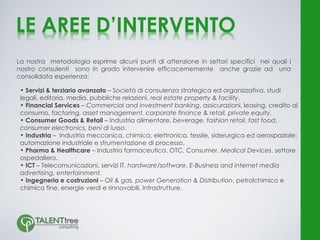 La nostra metodologia esprime alcuni punti di attenzione in settori specifici nei quali i
nostro consulenti sono in grado intervenire efficacememente anche grazie ad una
consolidata esperienza:

 • Servizi & terziario avanzato – Società di consulenza strategica ed organizzativa, studi
 legali, editoria, media, pubbliche relazioni, real estate property & facility.
 • Financial Services – Commercial and investment banking, assicurazioni, leasing, credito al
 consumo, factoring, asset management, corporate finance & retail, private equity.
 • Consumer Goods & Retail – Industria alimentare, beverage, fashion retail, fast food,
 consumer electronics, beni di lusso.
 • Industria – Industria meccanica, chimica, elettronica, tessile, siderurgica ed aerospaziale;
 automazione industriale e strumentazione di processo.
 • Pharma & Healthcare – Industria farmaceutica, OTC, Consumer, Medical Devices, settore
 ospedaliero.
 • ICT – Telecomunicazioni, servizi IT, hardware/software, E-Business and internet media
 advertising, entertainment.
 • Ingegneria e costruzioni – Oil & gas, power Generation & Distribution, petrolchimico e
 chimica fine, energie verdi e rinnovabili, Infrastrutture.
 