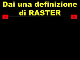 I dati raster possono essere memorizzati attraverso tipologie di file che sfruttando algoritmi di compressione diversi, gravando in modo differente sul supporto di memorizzazione. I formati raster più comuni sono i seguenti: tiff, jpeg, gif, raw, png, bmp, tga. A B 
