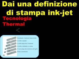 Tecnologia Thermal   Dai una definizione di stampa ink-jet Tecnologia di stampa dove tramite il riscaldamento di una resistenza, l’inchiostro viene nebulizzato e spinto sul media. Essendo un inchiostro a base acqua è necessario utilizzare media cotizzati, cioè trattati per assorbire l’inchiostro   Dye Pigmento Ink a base acqua 