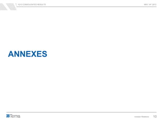 1Q13 CONSOLIDATED RESULTS MAY 14th 2013
Investor Relations 10
ANNEXES
 