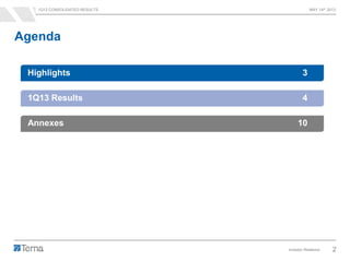 1Q13 CONSOLIDATED RESULTS MAY 14th 2013
Investor Relations 2
Agenda
Highlights 3
1Q13 Results 4
Annexes 10
 