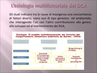 Gli studi indicano tra le cause di insorgenza una concomitanza di fattori diversi, siano essi di tipo genetico  ed ambientale, che interagendo l’un con l’altro contribuiscono alla genesi, allo sviluppo ed al mantenimento dei DCA. 