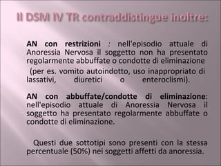 AN con restrizioni  :  nell'episodio attuale di Anoressia Nervosa il soggetto non ha presentato regolarmente abbuffate o condotte di eliminazione (per es. vomito autoindotto, uso inappropriato di  lassativi, diuretici o enteroclismi).  AN   con abbuffate/condotte di eliminazione : nell'episodio attuale di Anoressia Nervosa il soggetto ha presentato regolarmente abbuffate o condotte di eliminazione. Questi due sottotipi sono presenti con la stessa percentuale (50%) nei soggetti affetti da anoressia. 