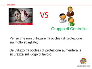 risultati
Gruppo di Controllo
Penso che non utilizzare gli occhiali di protezione
sia molto sbagliato;
Se utilizzo gli occhiali di protezione aumenterà la
sicurezza sul luogo di lavoro.
VS
 