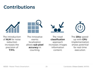 ECCO - Master Thesis Dissertation Candidate: Chiara Coletti, 89781525
Contributions
The introduction
of NLM for noise
reduction
increases the
precision of
7.11%.
The innovative
events
localization
allows sub-pixel
accuracy in
counting.
The novel
classification
approach
increases images
information
content.
The 284x speed-
up with GPU
implementation
shows potential
for real-time
execution.
 