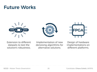 ECCO - Master Thesis Dissertation Candidate: Chiara Coletti, 89781526
Future Works
FPGA
Extension to different
datasets to test the
solution's robustness.
Implementation of new
denoising algorithms for
alternative solutions.
Design of hardware
implementations on
different platforms.
 