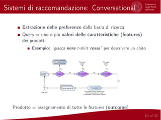 Sistemi di raccomandazione: Conversational
Estrazione delle preferenze dalla barra di ricerca
Query = uno o più valori delle caratteristiche (features)
dei prodotti
Esempio: “giacca nera t-shirt rossa” per descrivere un abito
A Framework for Preference Dominance
Figure 4.3: Interaction model of the user with the recommender.
4.3 A Framework for Preference Dominance
One major purpose of IR is to reduce irrelevant content and provide users with more
pertinent information or product, in an attempt to o set information overload. One
Prodotto = assegnamento di tutte le features (outcome)
10 of 32
 