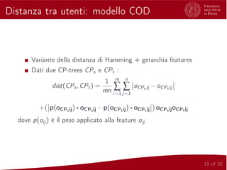 Distanza tra utenti: modello COD
Variante della distanza di Hamming + gerarchia features
Dati due CP-trees CPs e CPt :
dist(CPs,CPt) =
1
mn
m
∑
i=1
n
∑
j=1

oCPs ij −oCPt ij


+

p(oCPsij)∗oCPsij −p(oCPtij)∗oCPtij



oCPsijoCPtij
dove p(oij ) è il peso applicato alla feature oij
15 of 32
 