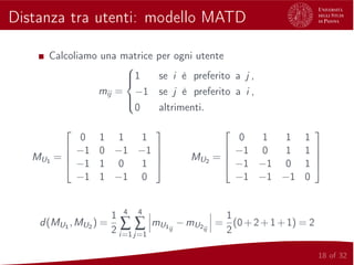 Distanza tra utenti: modello MATD
Calcoliamo una matrice per ogni utente
mij =



1 se i è preferito a j ,
−1 se j è preferito a i ,
0 altrimenti.
MU1 =




0 1 1 1
−1 0 −1 −1
−1 1 0 1
−1 1 −1 0



 MU2 =




0 1 1 1
−1 0 1 1
−1 −1 0 1
−1 −1 −1 0




d(MU1 ,MU2 ) =
1
2
4
∑
i=1
4
∑
j=1


mU1ij
−mU2ij


 =
1
2
(0+2+1+1) = 2
18 of 32
 