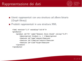 Rappresentazione dei dati
Utenti rappresentati con una struttura ad albero binario
(Graph library)
Prodotti rappresentati in una struttura XML
21 of 32
 