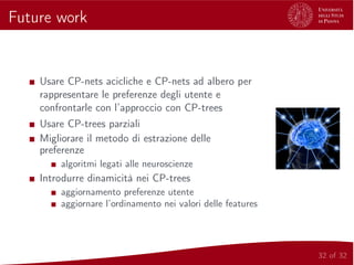 Future work
Usare CP-nets acicliche e CP-nets ad albero per
rappresentare le preferenze degli utente e
confrontarle con l’approccio con CP-trees
Usare CP-trees parziali
Migliorare il metodo di estrazione delle
preferenze
algoritmi legati alle neuroscienze
Introdurre dinamicità nei CP-trees
aggiornamento preferenze utente
aggiornare l’ordinamento nei valori delle features
32 of 32
 