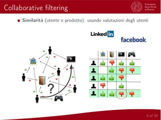 Collaborative ﬁltering
Similarità (utente o prodotto): usando valutazioni degli utenti
5 of 32
 