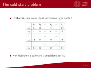 The cold start problem
Problema: per nuovi utenti otteniamo righe vuote !
P1 P2 ··· Pj ··· Pm
U1 0.1 0.6 ··· 0 ··· 0.9
U2 0.1 0 ··· 0.1 ··· 0
...
...
... ···
... ···
...
Ui 0 0 ··· 0 ··· 0
...
...
... ···
... ···
...
Un 0.1 0.2 ··· 0.5 ··· 0.4
Non riusciamo a calcolare la predizione per Ui
9 of 32
 
