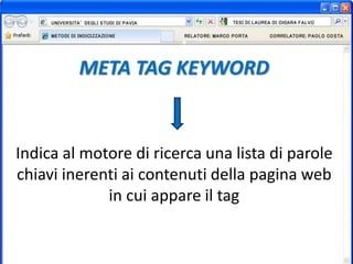 META TAG KEYWORD
Indica al motore di ricerca una lista di parole
chiavi inerenti ai contenuti della pagina web
in cui appare il tag
 