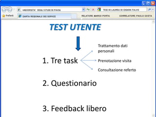 TEST UTENTE
1. Tre task
2. Questionario
3. Feedback libero
Trattamento dati
personali
Prenotazione visita
Consultazione referto
 