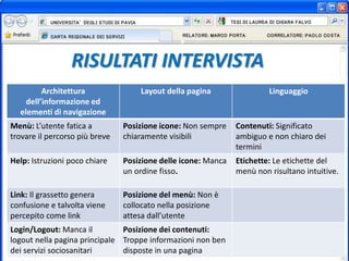 RISULTATI INTERVISTA
Architettura
dell’informazione ed
elementi di navigazione
Layout della pagina Linguaggio
Menù: L’utente fatica a
trovare il percorso più breve
Posizione icone: Non sempre
chiaramente visibili
Contenuti: Significato
ambiguo e non chiaro dei
termini
Help: Istruzioni poco chiare Posizione delle icone: Manca
un ordine fisso.
Etichette: Le etichette del
menù non risultano intuitive.
Link: Il grassetto genera
confusione e talvolta viene
percepito come link
Posizione del menù: Non è
collocato nella posizione
attesa dall’utente
Login/Logout: Manca il
logout nella pagina principale
dei servizi sociosanitari
Posizione dei contenuti:
Troppe informazioni non ben
disposte in una pagina
 