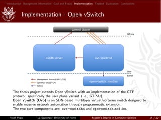 Introduction Background information Goal and Focus Implementation Testbed Evaluation Conclusions
Implementation - Open vSwitch
The thesis project extends Open vSwitch with an implementation of the GTP
protocol, speciﬁcally the user plane variant (i.e., GTP-U).
Open vSwitch (OvS) is an SDN-based multilayer virtual/software switch designed to
enable massive network automation through programmatic extension.
The two core components are: ovs-vswitchd and openvswitch mod.ko.
Pavel Popa ”La Sapienza” University of Rome Master’s Degree in Computer Science 14 / 22
 