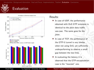 Introduction Background information Goal and Focus Implementation Testbed Evaluation Conclusions
Evaluation
Results:
• In case of UDP, the performance
obtained with OvS GTP extension is
identical to the plain data traﬃc
use-case. The same goes for the
jitter.
• In case of TCP, the performance of
the GTP-U tunnel is very similar
when not using OvS, yet suﬃciently
underperforming to observe a small
gap between the two lines.
• In evaluating the latency it is
observed that the GTP-encapsulation
case is the ”heaviest” one.
Pavel Popa ”La Sapienza” University of Rome Master’s Degree in Computer Science 20 / 22
 