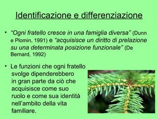 Identificazione e differenziazione 
• “Ogni fratello cresce in una famiglia diversa” (Dunn 
e Plomin, 1991) e “acquisisce un diritto di prelazione 
su una determinata posizione funzionale” (De 
Bernard, 1992) 
• Le funzioni che ogni fratello 
svolge dipenderebbero 
in gran parte da ciò che 
acquisisce come suo 
ruolo e come sua identità 
nell’ambito della vita 
familiare. 
 