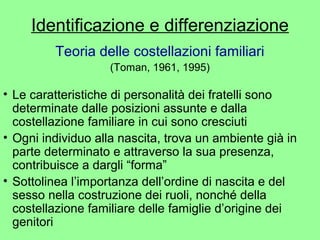 Identificazione e differenziazione 
Teoria delle costellazioni familiari 
(Toman, 1961, 1995) 
• Le caratteristiche di personalità dei fratelli sono 
determinate dalle posizioni assunte e dalla 
costellazione familiare in cui sono cresciuti 
• Ogni individuo alla nascita, trova un ambiente già in 
parte determinato e attraverso la sua presenza, 
contribuisce a dargli “forma” 
• Sottolinea l’importanza dell’ordine di nascita e del 
sesso nella costruzione dei ruoli, nonché della 
costellazione familiare delle famiglie d’origine dei 
genitori 
 