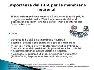 Il 60% delle membrane neuronali è costituito da fosfolipidi, la maggior parte dei quali (20%) è rappresentata dall’acido docosaesenoico (DHA) che ha dei ruoli chiave all’interno del Sistema Nervoso. Il DHA: aumenta la fluidità delle membrane neuronali potenzia l’attività degli enzimi collegati alla membrana modifica il numero e l’affinità dei recettori di membrana,il funzionamento dei canali ionici,la produzione e l’attività dei neurotrasmettitori e la trasduzione del segnale. è coinvolto in numerosi disturbi neurologici e psichiatrici (Schizofrenia, Depressione, Morbo di Alzheimer, etc) Mouritsen, Ole.G., Life-as a matter of fat. The Emerging Science of Lipidomics, 173-179 (2005). Horrobin, D.F. Schizophrenia as a membrane lipid disorder which is expressed throughout the body.  Prostaglandins, Leukotrienes and Essential Fatty Acids  55 , 3-7 (1996). 