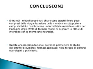 Entrambi i modelli presentati chiariscono aspetti finora poco compresi della riorganizzazione delle membrane sottoposte a campi elettrici e costituiscono un formidabile modello  in silico  per l’indagine degli effetti di farmaci capaci di superare la BBB e di interagire con le membrane neuronali.  Queste analisi computazionali potranno permettere lo studio dell’effetto di numerosi farmaci applicabili nella terapia di disturbi neurologici e psichiatrici. 