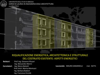 UNIVERSITÀ DEGLI STUDI DI BRESCIA
CORSO DI LAUREA IN INGEGNERIA EDILE-ARCHITETTURA
a.a.2011/2012
RIQUALIFICAZIONE ENERGETICA, ARCHITETTONICA E STRUTTURALE
DEL COSTRUITO ESISTENTE: ASPETTI ENERGETICI
Relatori: Prof. Ing. Giovanni Plizzari
Laureando: MAURO ZANARDELLI mat. 56771
Ing. Alessandra Marini
CorrelatorI: Ing. Marco Belardi
Prof. Arch. Marina Montuori
Ing. Barbara Badiani
Ing. Francesca Feroldi
 