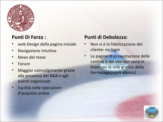 Punti Di Forza : web Design della pagina iniziale Navigazione intuitiva News del mese  Forum Maggior coinvolgimento grazie alla presenza del B&B e agli eventi organizzati Facilità nelle operazioni d'acquisto online Punti di Debolezza: Non vi è la fidelizzazione del cliente: no login Le pagine di presentazione delle cantine e dei vini non sono in linea con lo stile grafico della homepage(mero elenco)‏ 6 