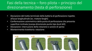 Fasi della tecnica – foro pilota – principio del
direzionamento (testa di perforazione)
• Deviazione del tratto terminale della batteria di perforazione rispetto
all’asse longitudinale (es. motore fanghi)
• Conformazione asimmetrica della punta di perforazione che presenta
superficie inclinata (scarpa direzionale punte tipo duck bill)
• Deviazione: interruzione della rotazione e azione di spinta
• Mantenimento traiettoria: rotazione
 
