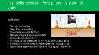 Fasi della tecnica – foro pilota – sistemi di
guida
Walk-over
• Trasmettitore radio
• Ricevitore in superficie
• Profondità massima 10-15 m
• Non vi è misura di angolo azimutale
• Risoluzione del pitch 0,1%
• Precisione nella profondità +/- 5% fino a 10 m, 10% a 15 m
• Sensibilità a interferenze elettromagnetiche (attive/passive)
• Necessità di accesso alla verticale sul foro (guida in remoto)
 