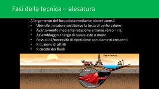Fasi della tecnica – alesatura
Allargamento del foro pilota mediante idonei utensili
• Utensile alesatore sostituisce la testa di perforazione
• Avanzamento mediante rotazione e traino verso il rig
• Assemblaggio a tergo di nuove aste o meno
• Possibilità/necessità di ripetizione con diametri crescenti
• Riduzione di attriti
• Ricircolo dei fluidi
 