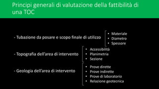 Principi generali di valutazione della fattibilità di
una TOC
- Tubazione da posare e scopo finale di utilizzo
- Topografia dell’area di intervento
- Geologia dell’area di intervento
• Materiale
• Diametro
• Spessore
• Accessibilità
• Planimetria
• Sezione
• Prove dirette
• Prove indirette
• Prove di laboratorio
• Relazione geotecnica
 
