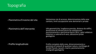 Topografia
- Planimetria d’insieme del sito
- Planimetria dell’intervento
- Profilo longitudinale
Valutazione vie di accesso, determinazione delle aree
cantiere, limiti occupazione aree demaniali e private
Info geometriche: lunghezza prevista, distanza da edifici,
dimensione di infrastrutture da sottopassare,
posizionamento e pertinenze bacini idrici, spazi saldatura
tubazioni e catenaria di varo, ubicazione prove
geologiche
Profilo completo delle aree, dimensionamento e
posizione di ostacoli di qualsiasi natura, morfologia di
fondali fluviali, lacustri, marini, posizionamento
stratigrafie geologiche
 