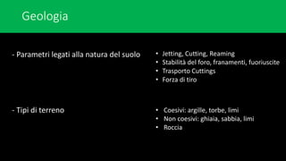 Geologia
- Parametri legati alla natura del suolo
- Tipi di terreno
• Jetting, Cutting, Reaming
• Stabilità del foro, franamenti, fuoriuscite
• Trasporto Cuttings
• Forza di tiro
• Coesivi: argille, torbe, limi
• Non coesivi: ghiaia, sabbia, limi
• Roccia
 