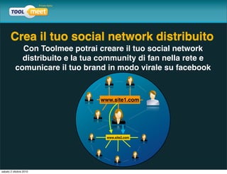 Crea il tuo social network distribuito
            Con Toolmee potrai creare il tuo social network
            distribuito e la tua community di fan nella rete e
          comunicare il tuo brand in modo virale su facebook


                                www.site1.com




                                  www.site2.com




sabato 2 ottobre 2010
 