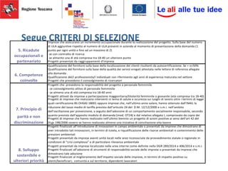 Segue CRITERI DI SELEZIONEImprese che assicurano un incremento occupazionale durante la realizzazione del progetto. Sulla base del numero
di ULA aggiuntive rispetto al numero di ULA presenti in azienda al momento di presentazione della domanda (1
punto per ogni unità e fino ad un massimo di 2)
- se con contratto di ricerca
- se almento una di età compresa tra 18-40 un ulteriore punto
Progetti presentati da raggruppamenti d’impresa
Qualificazione del fornitore sulla base della localizzazione dei clienti risultanti da autocertificazione. Se = o<50%
Qualificazione del fornitore sulla base della qualità dei servizi erogati attestata nelle lettere di referenza allegate
alla domanda .
Qualificazione del/i professionista/i individuati con riferimento agli anni di esperienza maturata nel settore
Progetti che prevedono il coinvolgimento di ricercatori
Progetti che prevedono la responsabilità del progetto a personale femminile
- se coinvolgimento attivo di personale femminile
- se almeno una di età compresa tra 18-40 anni
Progetti attivati da imprese a partecipazione maggioritaria/titolarità femminile o giovanile (età compresa tra 18-40)
Progetti di imprese che realizzano interventi in tema di salute e sicurezza sui luoghi di lavoro oltre i termini di legge
quali certificazione BS OHSAS 18001 oppure imprese che, nell’ultimo anno solare, hanno ottenuto dall’INAIL la
riduzione del tasso medio di tariffa prevista dall’articolo 24 del D.M. 12/12/2000 e s.m.i. nell’ambito
dell’oscillazione per prevenzione, a seguito dell’adozione di un comportamento socialmente responsabile, secondo
quanto previsto dall’apposito modulo di domanda (mod. OT24) e dal relativo allegato I, comprovato da copia dei
Progetti di imprese che hanno realizzato nell'ultimo biennio un progetto di azioni positive ai sensi dell'art 42 del
DLgs 198/2006 ovvero se hanno realizzato almeno una iniziativa di conciliazione vita-lavoro
Progetti finalizzati all’introduzione di innovazioni in campo ambientale o presentati da imprese che dimostrano di
aver introdotto tali innovazioni, in termini di tutela, e riqualificazione delle risorse ambientali e contenimento delle
pressioni ambientali
Progetti presentati da imprese aventi unità locali nelle aree riconosciute da provvedimento statale o regionale in
condizioni di “crisi complessa” e di particolare rilevanza ambientale
Progetti presentati da imprese localizzate nelle aree interne come definite nella DGR 289/2014 e 406/2014 e s.m.i.
Progetti finalizzati all’adozione di strumenti di responsabilità sociale delle imprese o presentati da imprese che
dimostrano tale adozione
Progetti finalizzati al miglioramento dell'impatto sociale delle imprese, in termini di impatto positivo su
utenti/beneficiari; comunità e sul territorio, dipendenti lavoratori
8. Sviluppo
sostenibile e
ulteriori priorità
5. Ricadute
occupazionali e
partenariato
6. Competenze
coinvolte
7. Principio di
parità e non
discriminazione
 